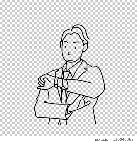 イラスト素材: 時計を見るスーツ姿の男性のモノクロベクター 130046368