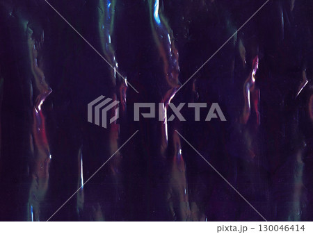Crumpled foil. Glitch glow flare. Fiction color light wave scratch defocused black background. Distressed purple distortion surface. 130046414