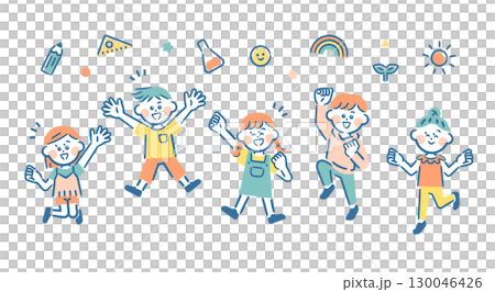 元気よく飛び跳ねる5人の子供 130046426