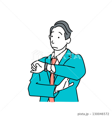 イラスト素材: 時間を心配して時計を見るスーツ姿の男性のベクター 130046572