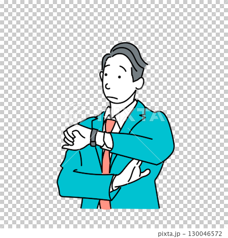 イラスト素材: 時間を心配して時計を見るスーツ姿の男性のベクター 130046572