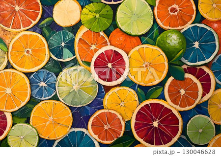 top view of citrus fruit backdrop, sliced oranges, lemons, limes, and grapefruits 130046628