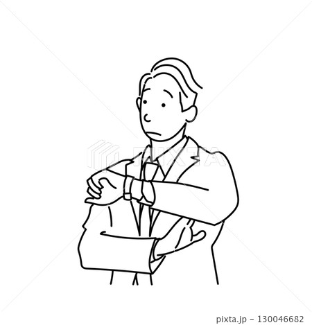 イラスト素材: 時間を心配して時計を見るスーツ姿の男性のベクター 130046682