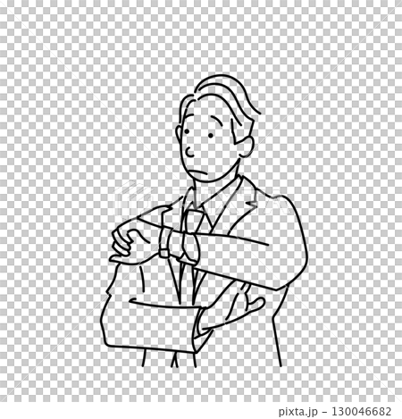 イラスト素材: 時間を心配して時計を見るスーツ姿の男性のベクター 130046682