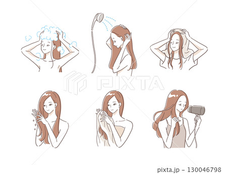 ヘアケアするロングヘアの女性のイラストセット ヘアケアするロングヘアの女性のイラストセット 130046798