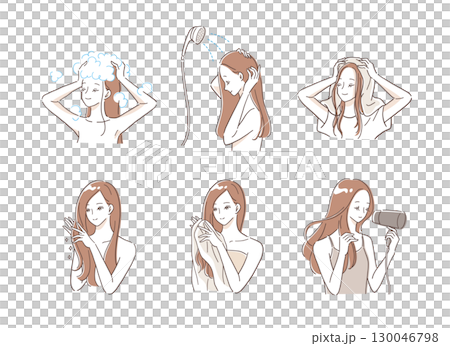 ヘアケアするロングヘアの女性のイラストセット ヘアケアするロングヘアの女性のイラストセット 130046798