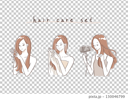 ヘアケアをするロングヘアの女性のイラストセット ヘアケアをするロングヘアの女性のイラストセット 130046799