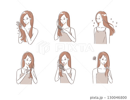 傷んだ髪の女性がヘアケアするイラストセット 130046800