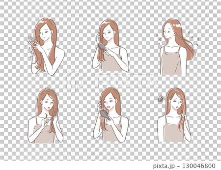 傷んだ髪の女性がヘアケアするイラストセット 130046800