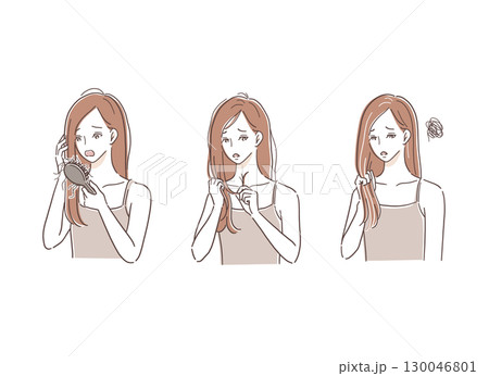 傷んだ髪にショックを受ける女性のイラストセット 傷んだ髪にショックを受ける女性のイラストセット 130046801