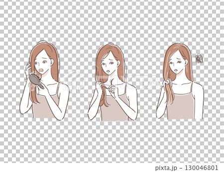 傷んだ髪にショックを受ける女性のイラストセット 傷んだ髪にショックを受ける女性のイラストセット 130046801