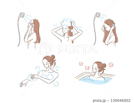 お風呂に入る女性のイラストセット お風呂に入る女性のイラストセット 130046802