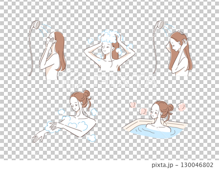 お風呂に入る女性のイラストセット お風呂に入る女性のイラストセット 130046802