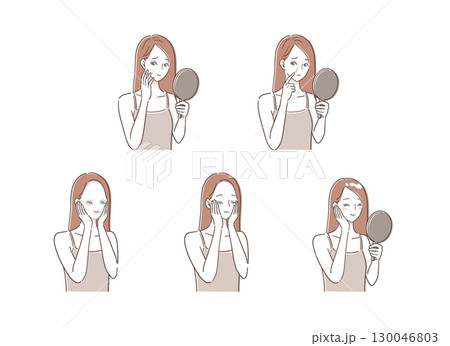 肌荒れに悩みスキンケアをする女性のイラストセット 130046803