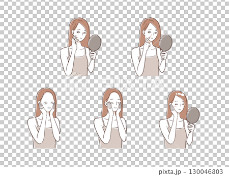 肌荒れに悩みスキンケアをする女性のイラストセット 130046803