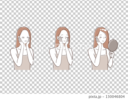 スキンケアをする女性のイラストセット スキンケアをする女性のイラストセット 130046804