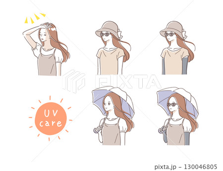 紫外線・熱中症対策をする女性のイラストセット 130046805