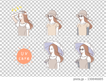 紫外線・熱中症対策をする女性のイラストセット 130046805
