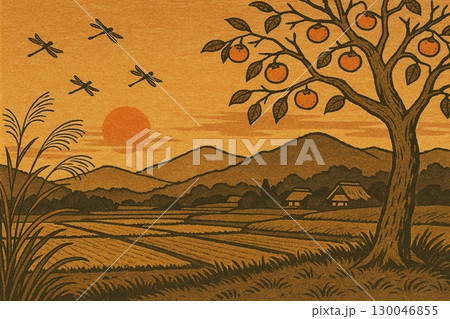 秋 夕焼け空 田園風景 柿の木 ススキ 赤とんぼのイラスト素材