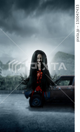 Kuyang, Kunyang, Palasik or Krasue ghost. Evil, demon, satan, monster figure from Kalimantan, Indonesia, Southeast Asia. Witch or shaman separates the head from the body. Concept of Spooky Halloween 130047433