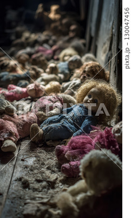 Abandoned doll factory broken doll scattered dusty floor eerie atmosphere creepy old 130047456