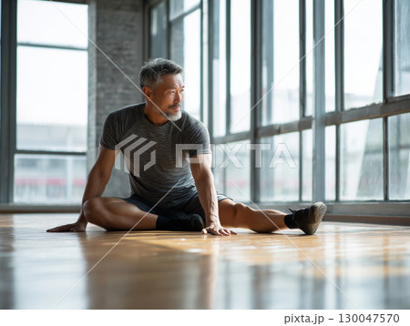 高級フィットネスジムでエクササイズ中の60代男性ポートレート(ウェルネス 広報 教育 高級フィットネスジムでエクササイズ中の60代男性ポートレート(ウェルネス 広報 教育 130047570