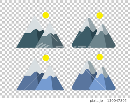 Set of illustrations of icons of snowy mountains with moon and rising sun 130047895