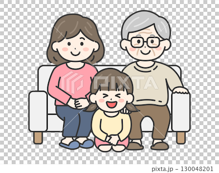 敬老日，女孩與祖父和母親一起拍攝全家福的插圖 | 敬老日 130048201