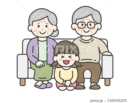 敬老の日に、ソファで祖父母と写真を撮る、女の子のイラスト｜敬老の日 130048205