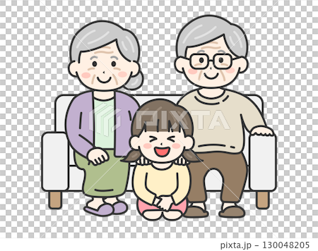 敬老の日に、ソファで祖父母と写真を撮る、女の子のイラスト｜敬老の日 130048205