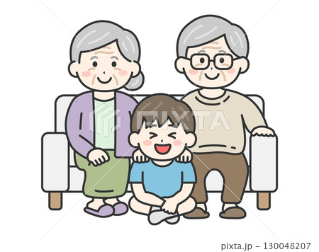 敬老の日に、ソファで祖父母と写真を撮る、男の子のイラスト｜敬老の日 130048207