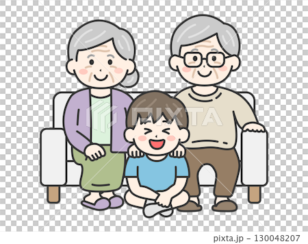 敬老の日に、ソファで祖父母と写真を撮る、男の子のイラスト｜敬老の日 130048207