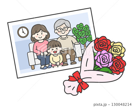 敬老の日に、祖父と母と孫の女の子と撮影した、家族写真のイラスト｜敬老の日 130048214