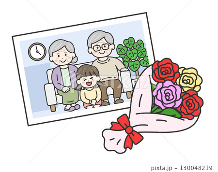 敬老の日に、祖父母と孫の女の子と撮影した、家族写真のイラスト｜敬老の日 130048219