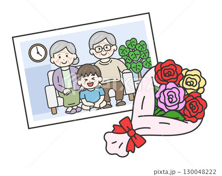 敬老の日に、祖父母と孫の男の子と撮影した、家族写真のイラスト|敬老の日 敬老の日に、祖父母と孫の男の子と撮影した、家族写真のイラスト|敬老の日 130048222