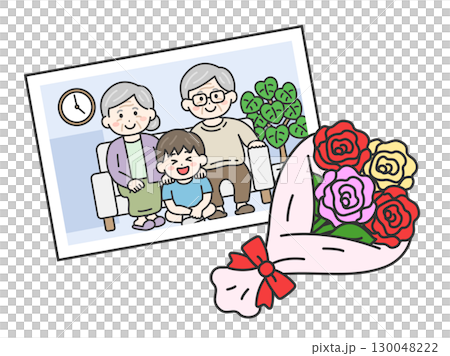 敬老の日に、祖父母と孫の男の子と撮影した、家族写真のイラスト|敬老の日 敬老の日に、祖父母と孫の男の子と撮影した、家族写真のイラスト|敬老の日 130048222