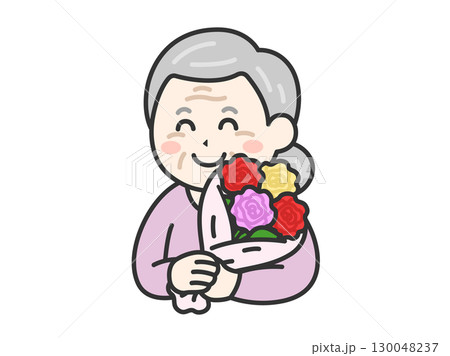 敬老の日に、花束をプレゼントされた、笑顔の祖母のイラスト｜敬老の日 130048237
