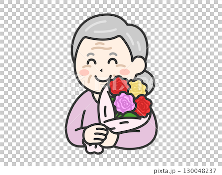 敬老の日に、花束をプレゼントされた、笑顔の祖母のイラスト｜敬老の日 130048237