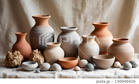 A still life of a collection of handcrafted ceramic vases and bowls, displayed against a light beige fabric background. The objects vary in shape and size, in earth tones ranging from terracotta to gr 130048426