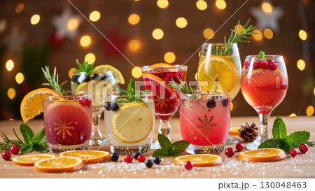 Christmas festive drinks with citrus, berries, herbs, and ice served in various glasses on wooden table with glowing lights. 130048463