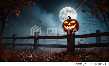 Creepy jack-o'-lantern glowing on wooden fence under full moon in misty forest with falling autumn leaves 130048471