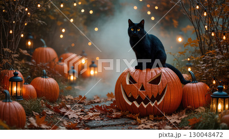 Black cat sitting on carved pumpkin in misty Halloween garden with glowing lanterns, autumn leaves and spooky atmosphere 130048472