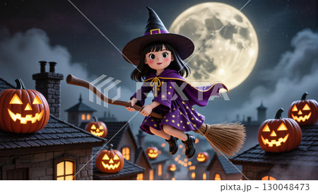 Cute cartoon witch girl flying on broom over rooftops with jack-o'-lanterns and full moon on magical Halloween night 130048473