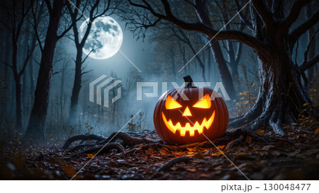 Glowing jack-o'-lantern with scary face sits on forest floor under full moonlight in dark misty Halloween night 130048477