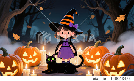 Cute cartoon witch girl and black cat surrounded by pumpkins and candles in spooky Halloween graveyard scene 130048478