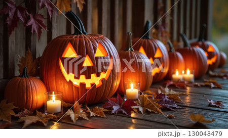 Row of glowing jack-o'-lanterns with candles and autumn leaves on wooden porch decorated for Halloween evening 130048479