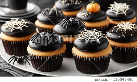 Halloween cupcakes with black frosting decorated with spiders, webs, and pumpkin toppers on white plate for spooky dessert display 130048480