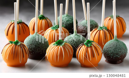 Halloween cake pops decorated like pumpkins and sparkly treats in orange, green, and chocolate tones on white background 130048481