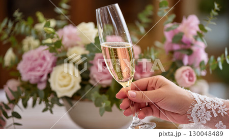 Bride holding a champagne glass during wedding celebration, with soft floral bouquet in background creating an elegant and festive atmosphere. 130048489