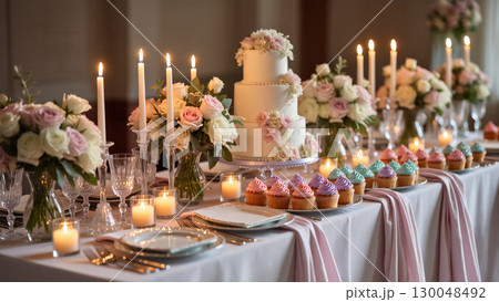 Elegant wedding table with cake, cupcakes, candles, and flower arrangements in soft pastel tones creating a romantic celebration atmosphere. 130048492